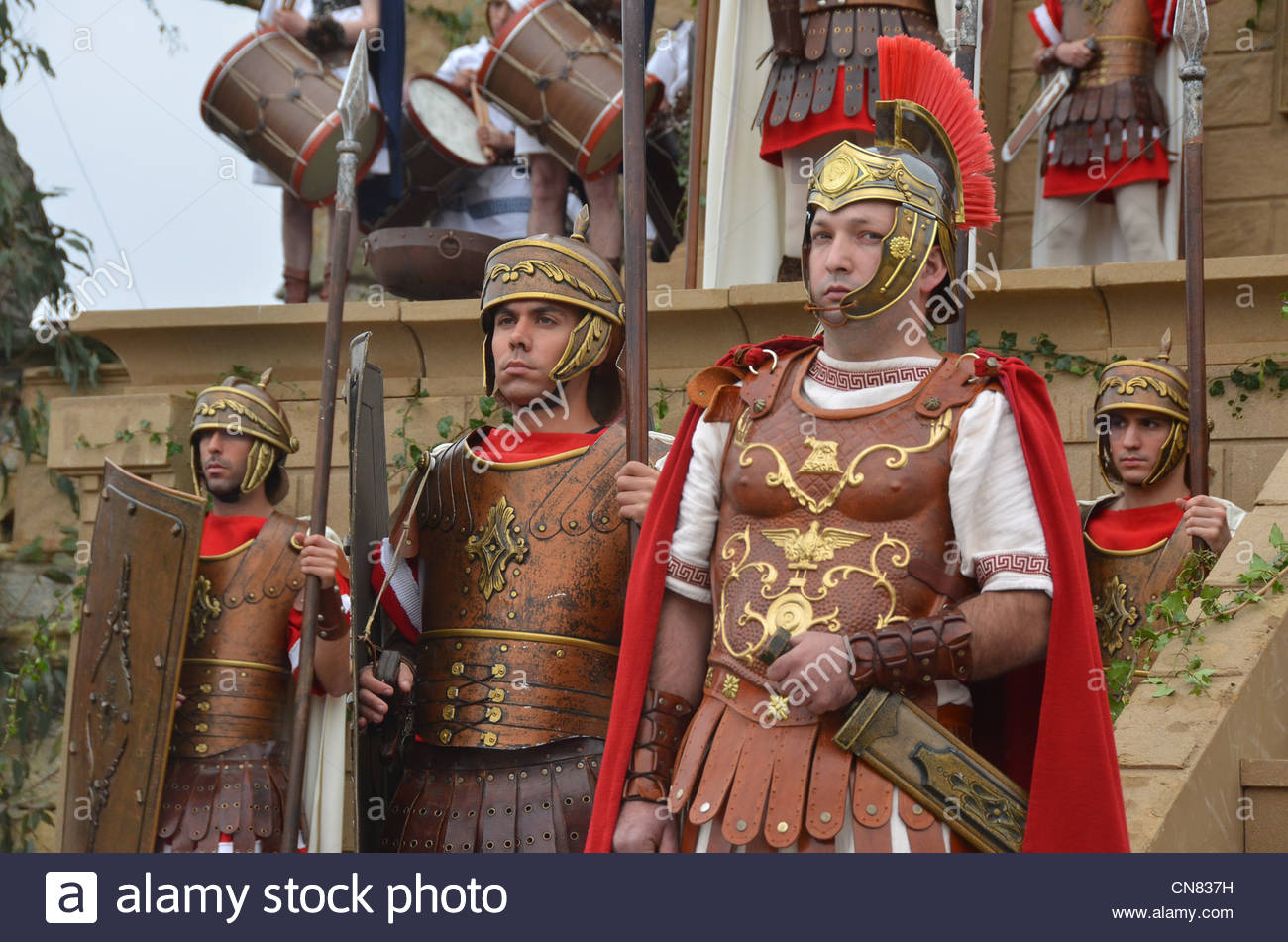 Roman soldiers stand by Pontius Pilate's palace Stock Photo, Royalty