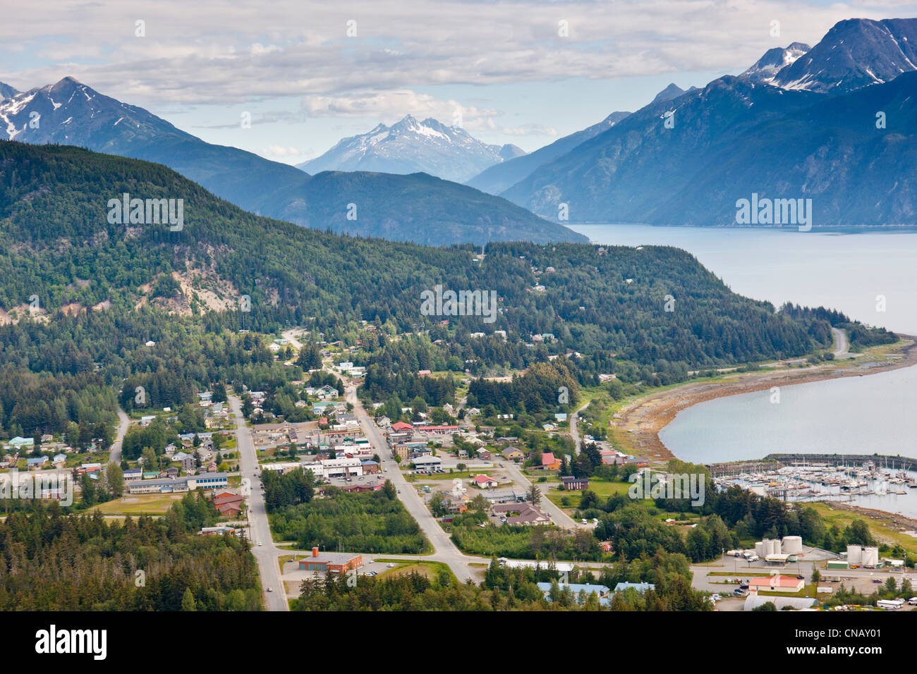 Aerial view of the city of Haines and boat harbor, Coastal Mountain