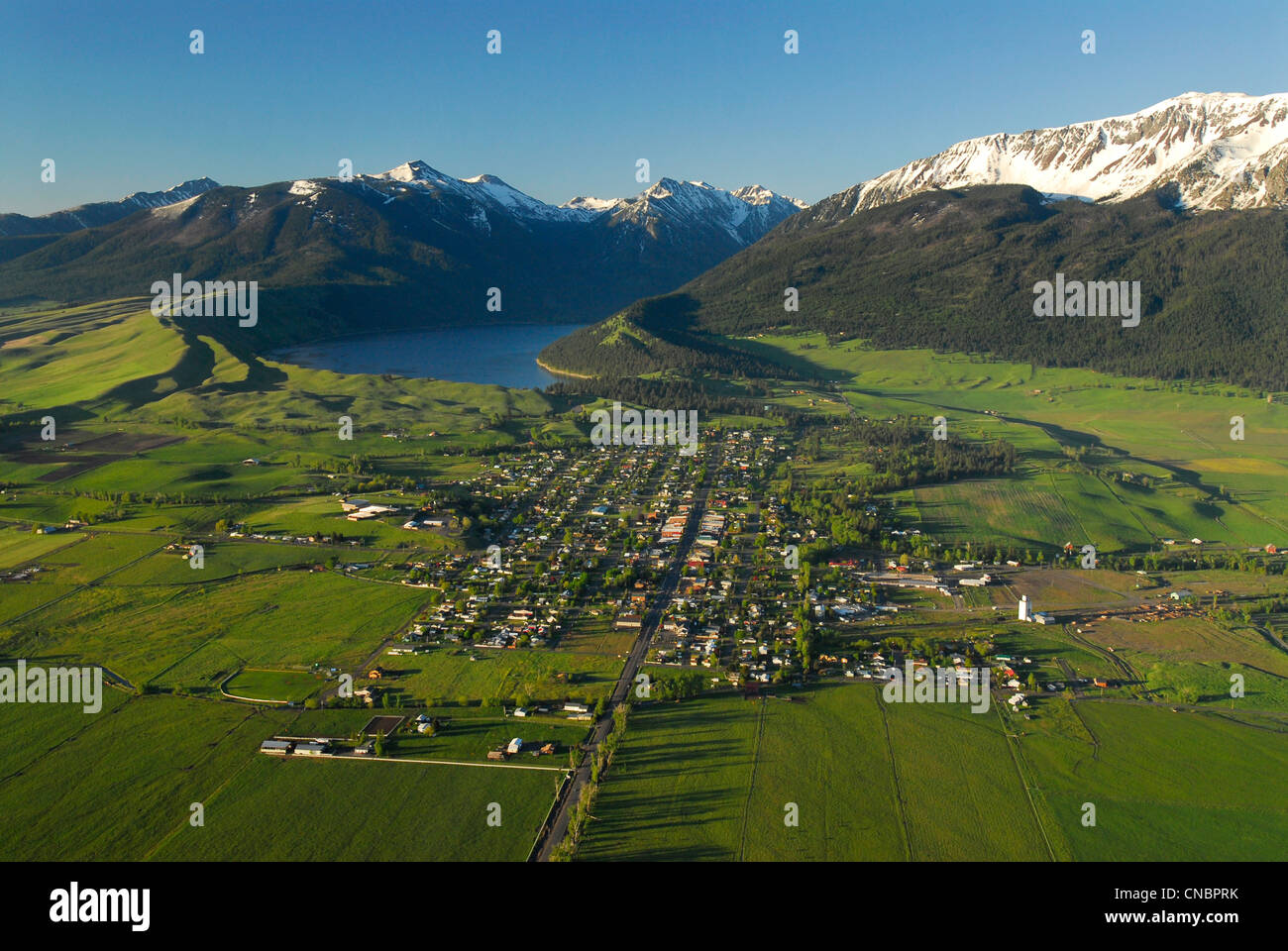 Aerial view of Joseph, Oregon with Wallowa Lake and the Wallowa Stock