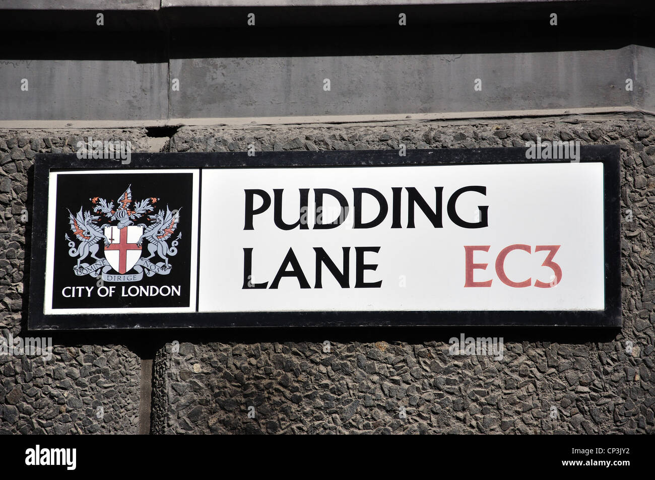 Pudding Lane (Great Fire of London) sign by The Monument, City of Stock