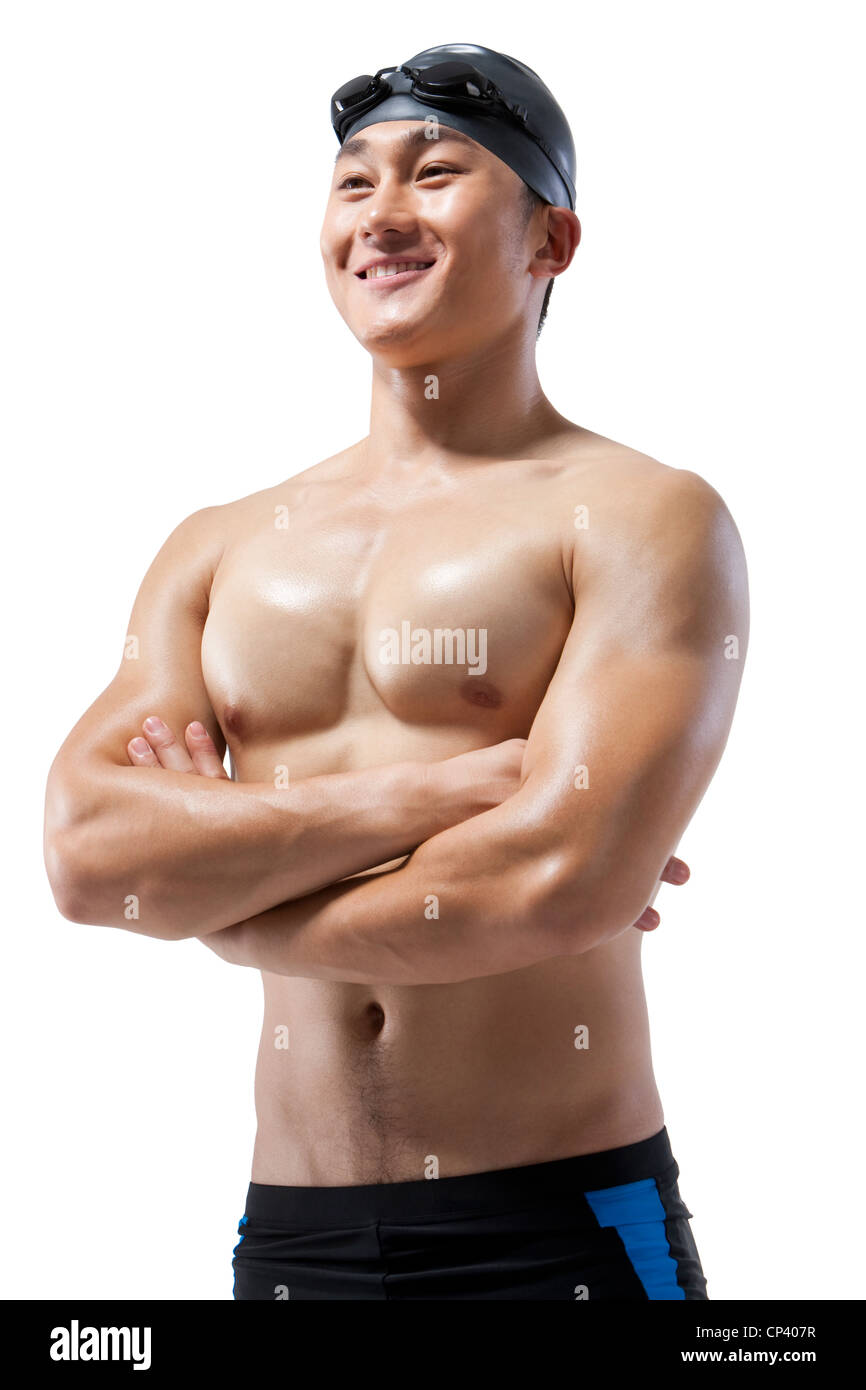 Tired Muscular Asian Man Indoors In Studio Stock Image 