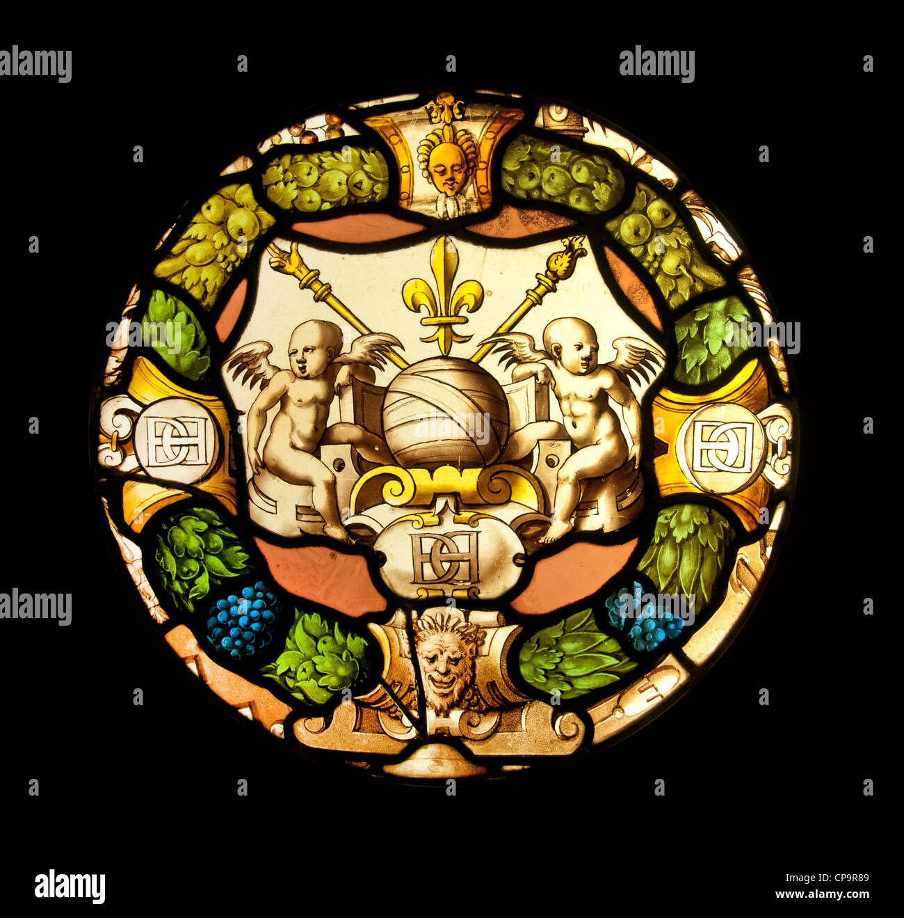 Stained Glass medallion number and emblems of Henry II the castle of