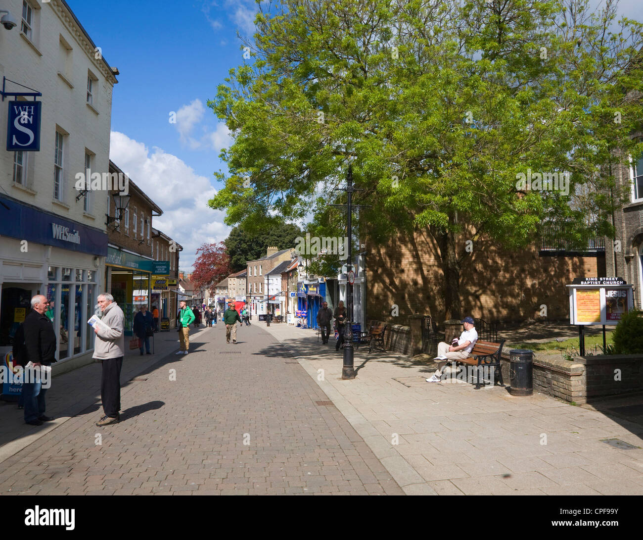 Shops pedestrianised street town centre Thetford Norfolk England Stock
