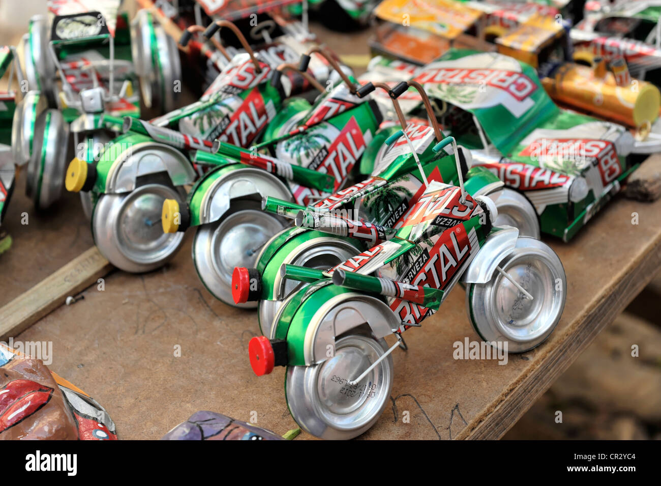 Motorcycles made from beer cans, souvenirs, market stall, Trinidad