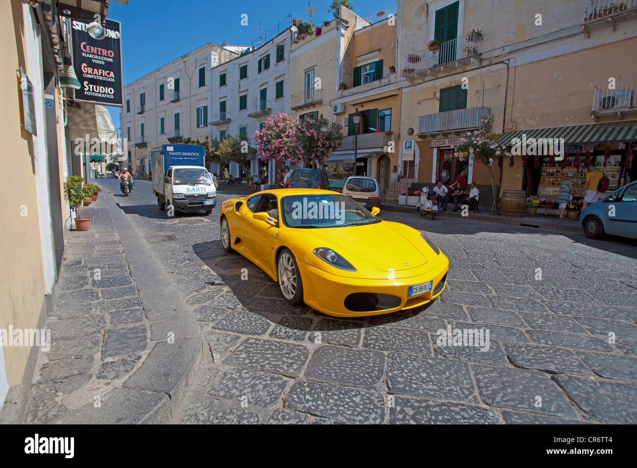 yellow ferrari in the historic district of ponte, castello yellow ferrari in the historic district of ponte, castello
