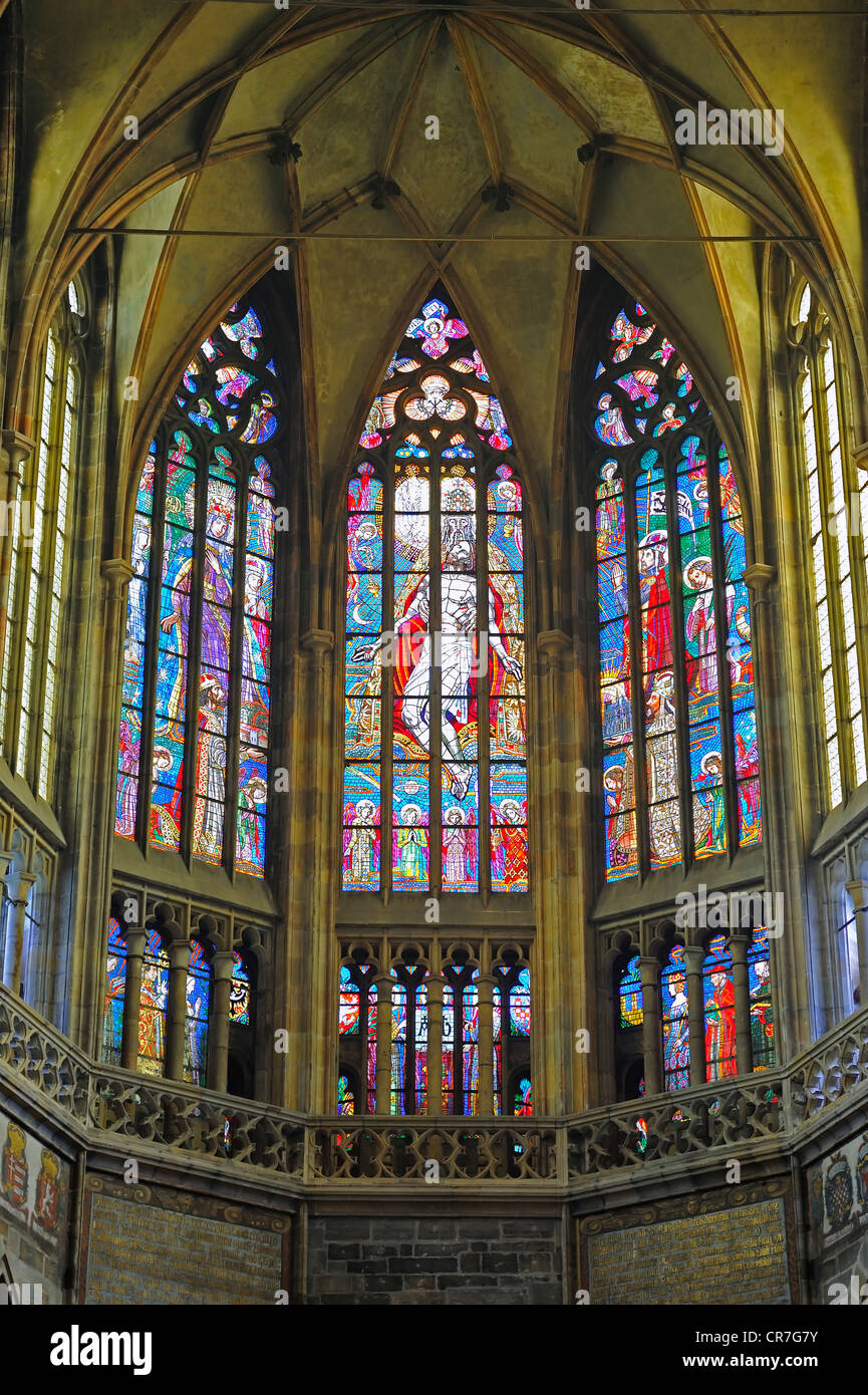 Stainedglass windows, apse, Gothic St. Vitus Cathedral, Prague Stock