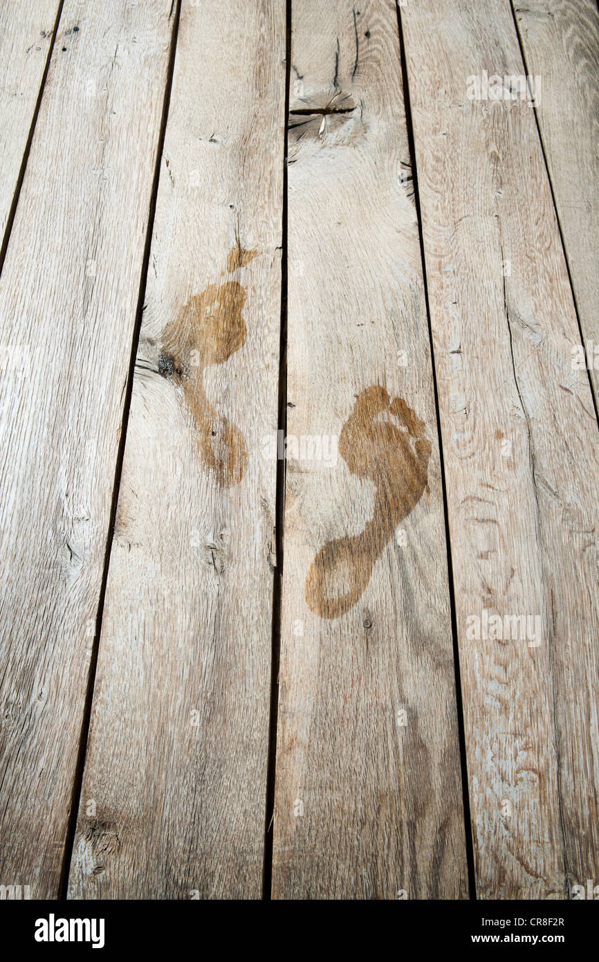 Wet footprints on floorboards Stock Photo, Royalty Free Image 48745279