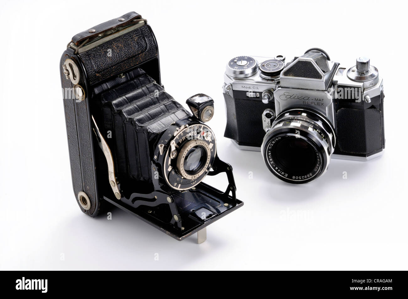 Old rollfilm camera and old Edixa mat singlelens reflex camera Stock Photo, Royalty Free Image