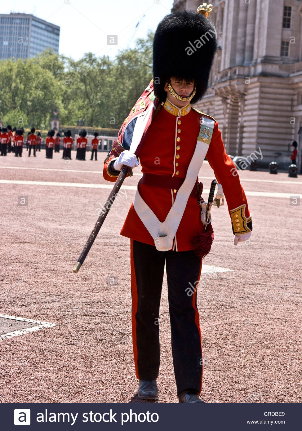 A Grenadier Guard marching with flag during Changing of the Guard Stock