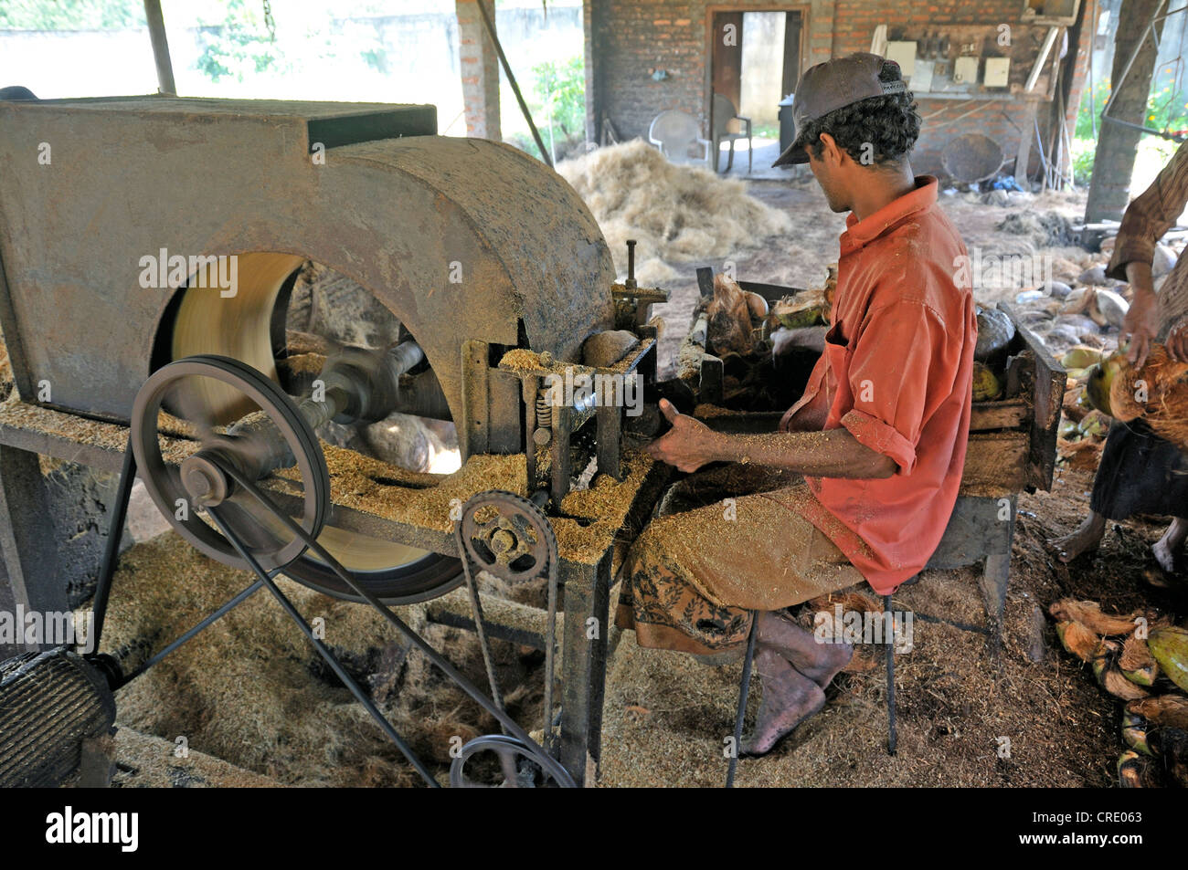 Production of coir or coconut fibres, worker in a factory in Sri Stock Photo, Royalty Free Image