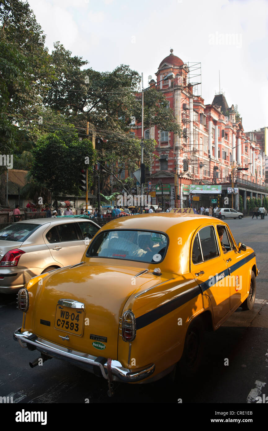 Transportation, yellow Ambassador taxi, old British colonial Stock