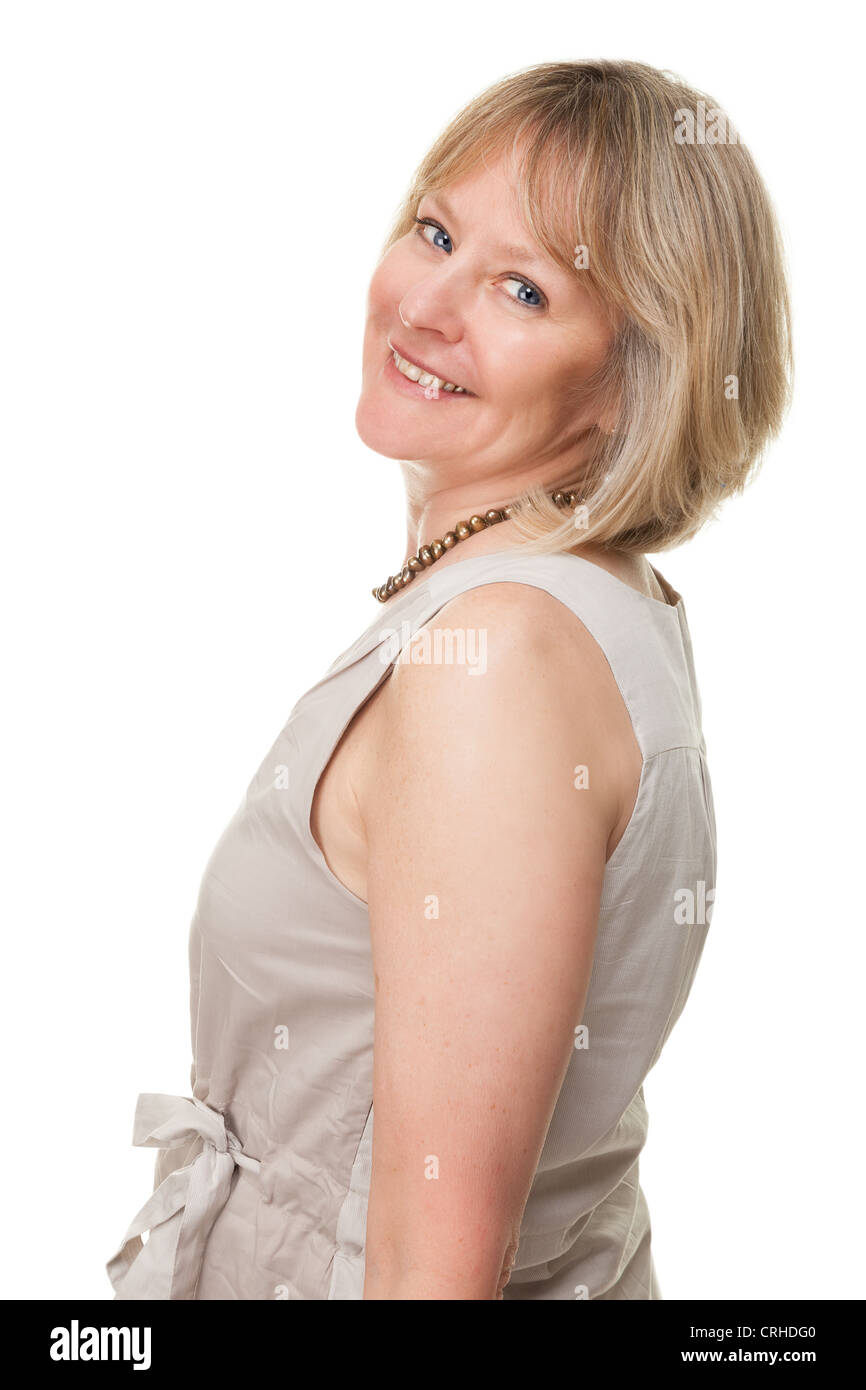 Side Portrait Of Happy Smiling Attractive Mature Woman Isolated Stock