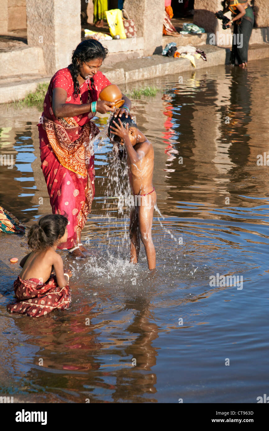 Mother Washing Her Son Tungabhadra River Hampi India Stock Photo