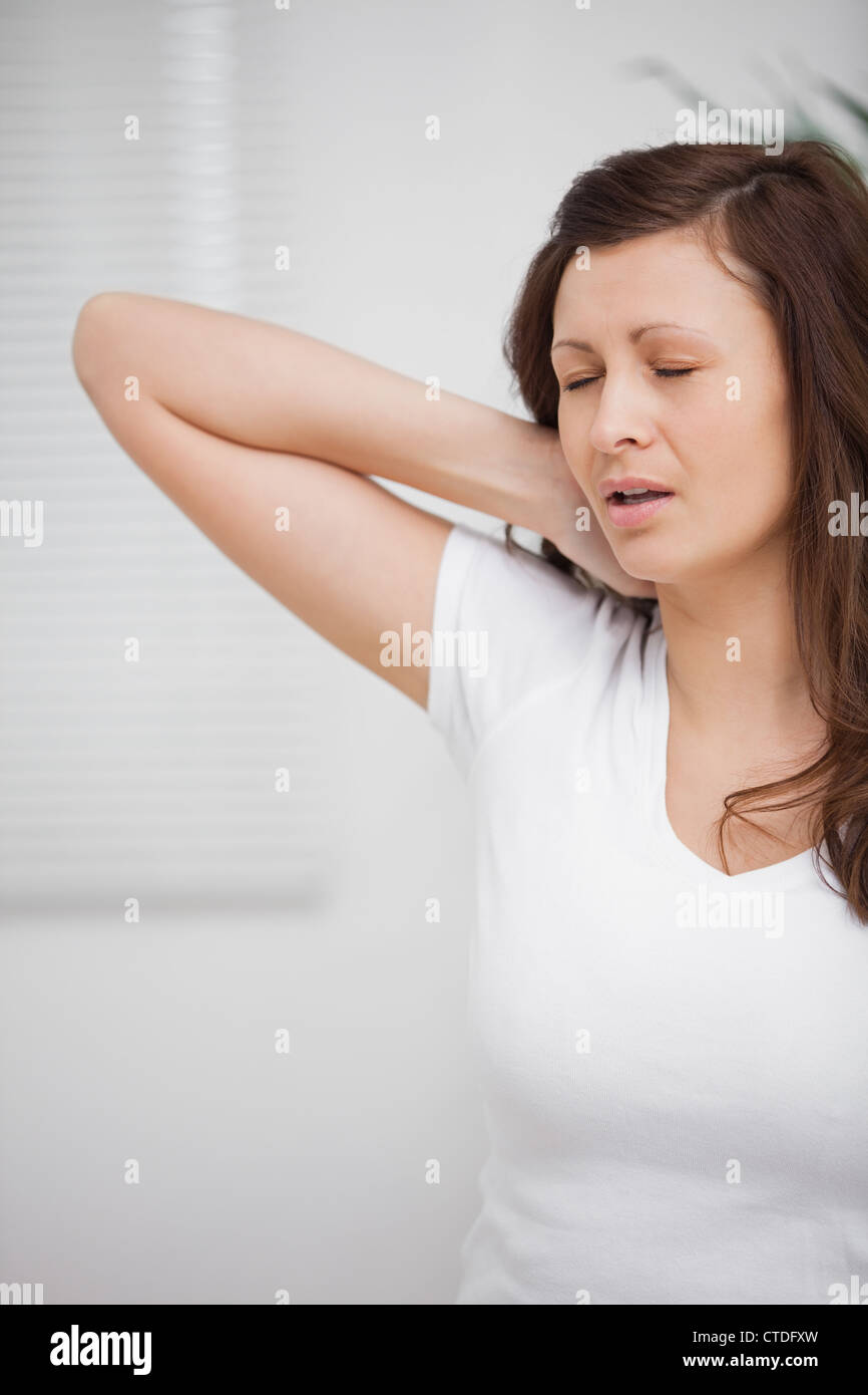 Woman Touching Her Painful Neck Stock Photo Alamy