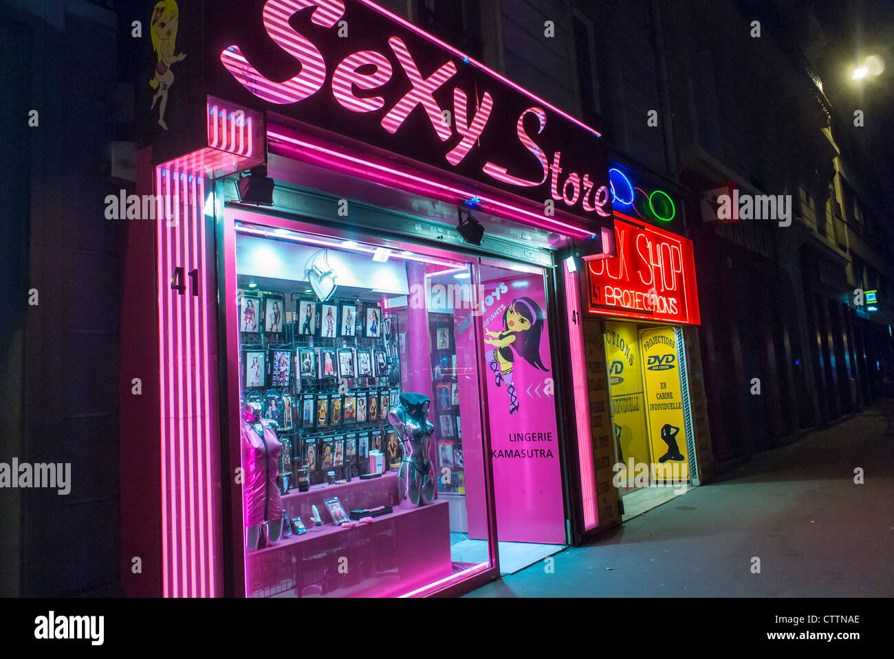 Paris France Pigalle Sex Area At Night Shop Window Fronts Sexy