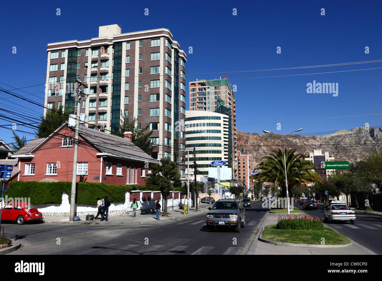View along Avenida Ballivian, Calacoto, Zona Sur, La Paz, Bolivia Stock