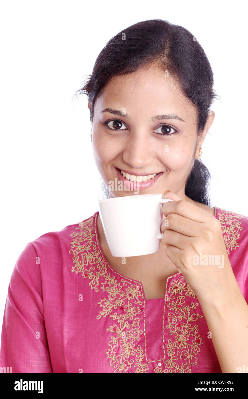 Beautiful Smiling Woman Drinking Coffee Stock Photo Alamy