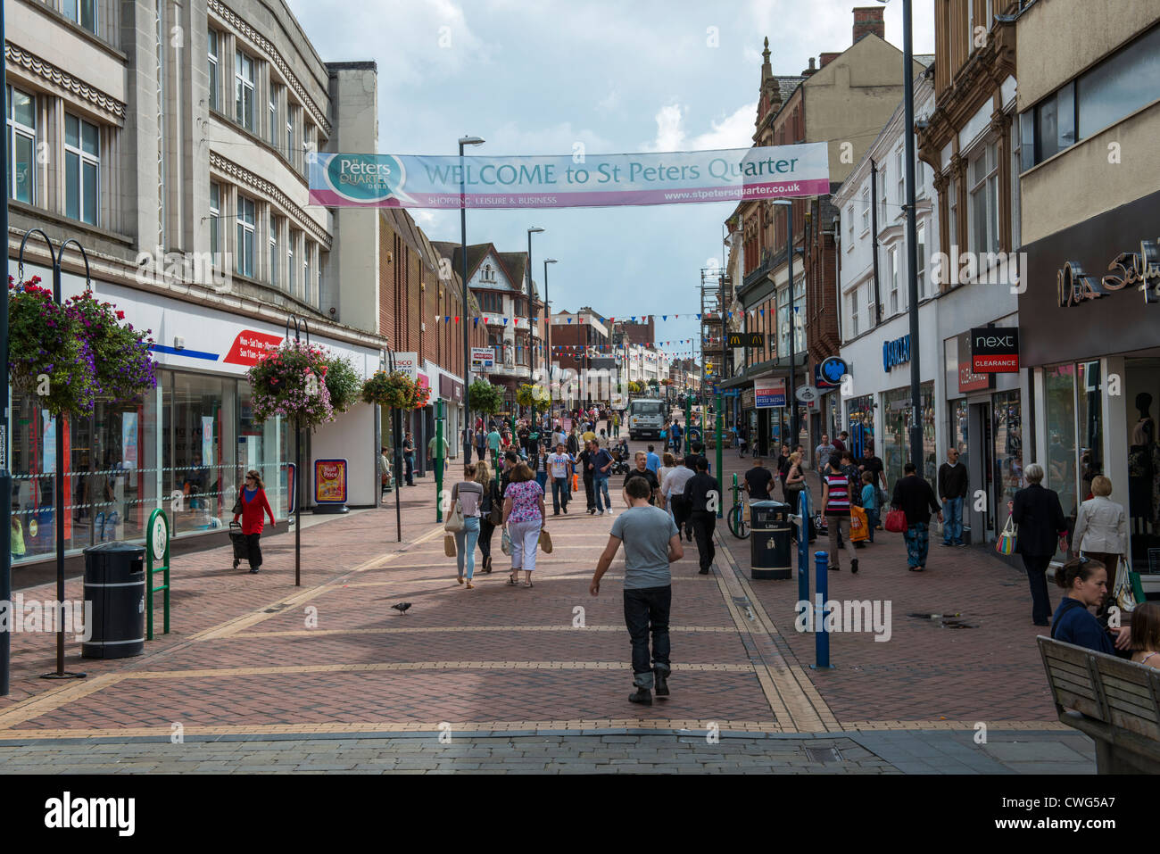 Shoppers in Pedestrianised zone of St. Peter's Street Derby showing Stock Photo, Royalty Free Shoppers in Pedestrianised zone of St. Peter's Street Derby showing Stock Photo, Royalty Free