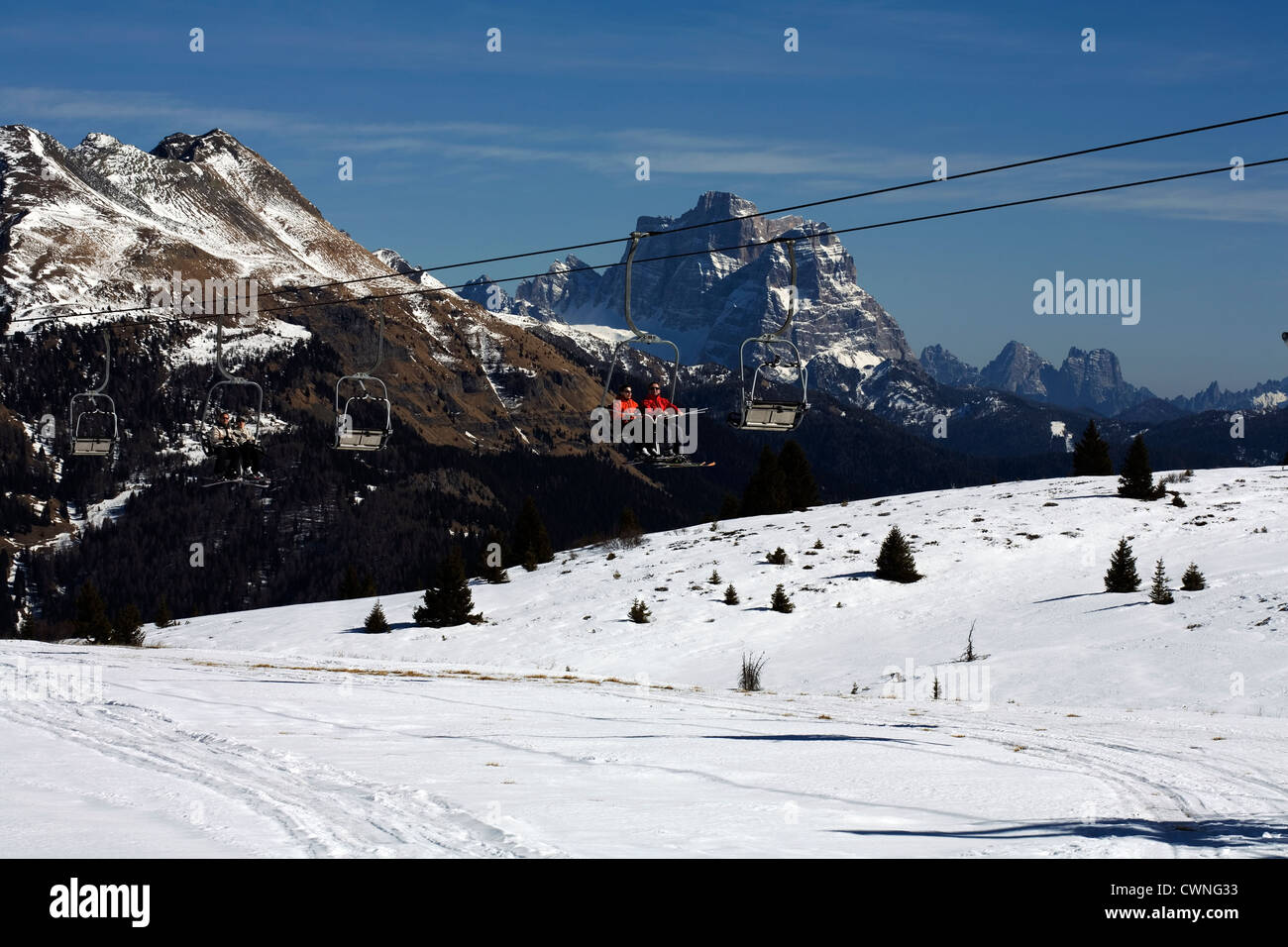 Skiers at ski lift near the Cherz Restaurant Corvara Dolomites Italy