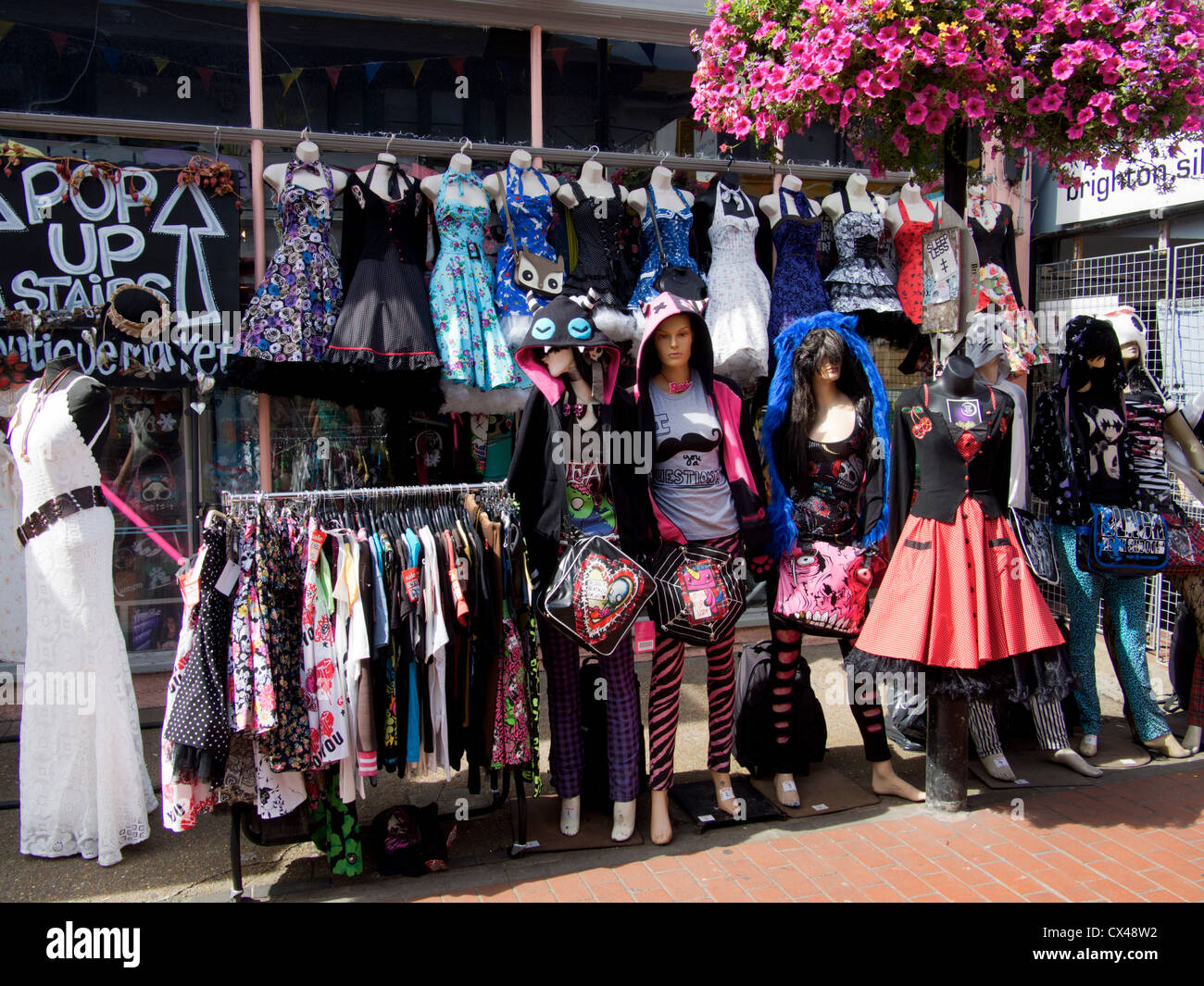 Secondhand clothes outside a shop in North Laine, Brighton, Sussex