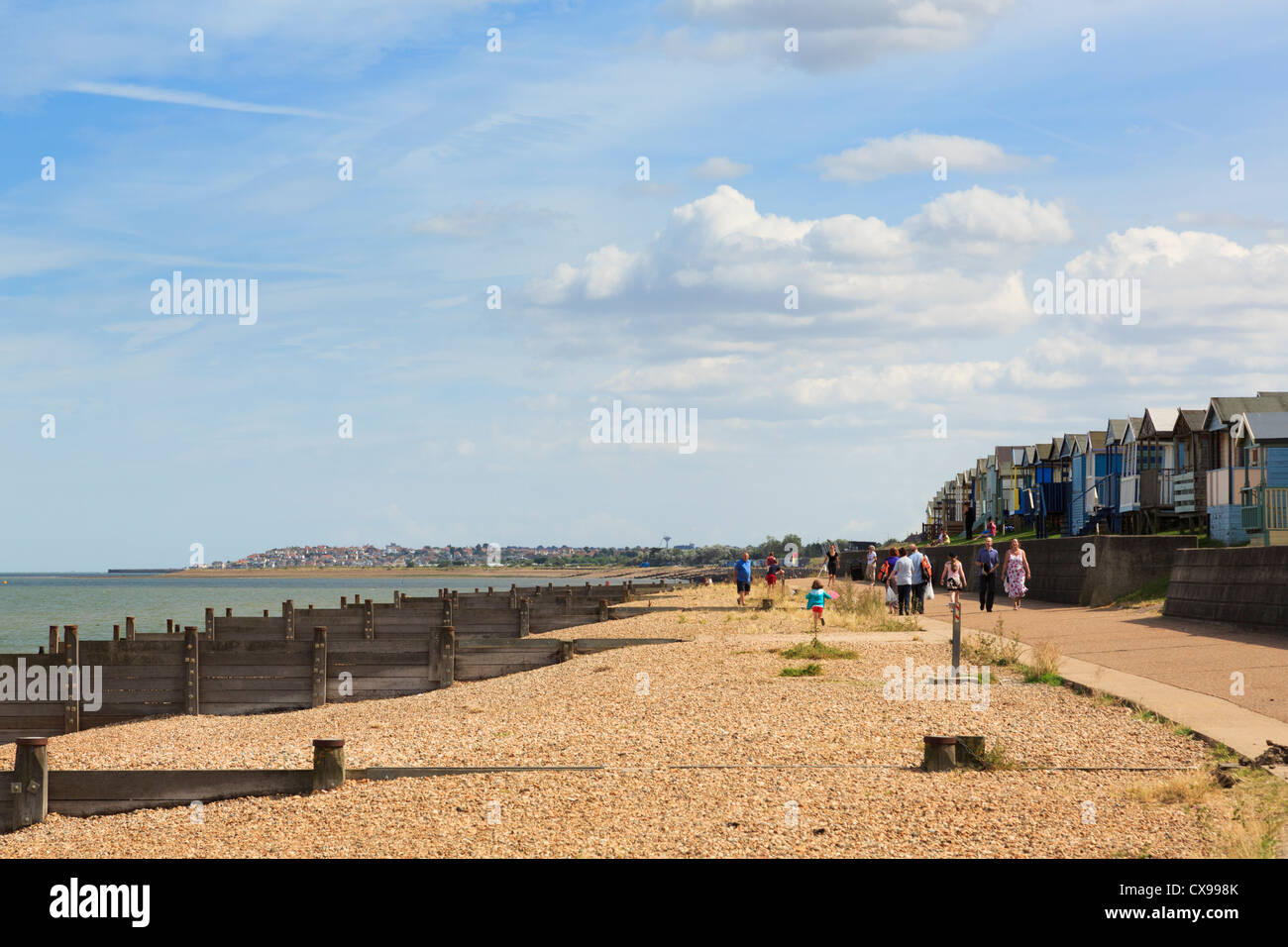 Whitstable seafront promenade along Saxon Shore Way with beach huts