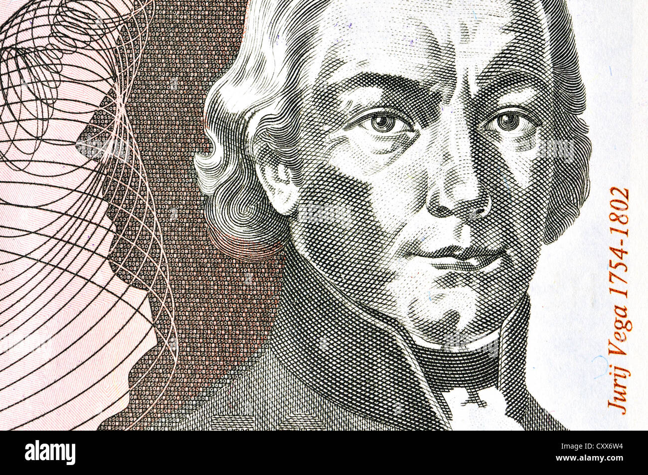 Detail of Slovenian 50 Tolar banknote (1992) showing portrait of Jurij Vega (mathematician - detail-of-slovenian-50-tolar-banknote-1992-showing-portrait-of-jurij-CXX6W4
