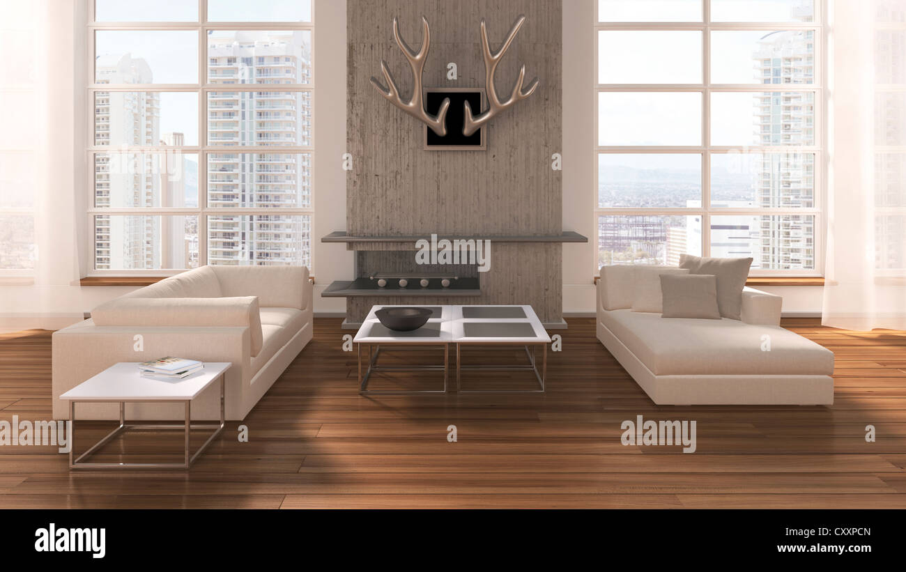 Loftlike Living Room With Sofas Coffee Table Fireplace Deer - Loftlike Living Room With Sofas Coffee Table Fireplace Deer Antlers Andoak Flooring Urban Views D Illustration loftlike living room with sofas coffee table fireplace deer - loftlike living room with sofas coffee table fireplace deer antlers andoak flooring urban views d illustration