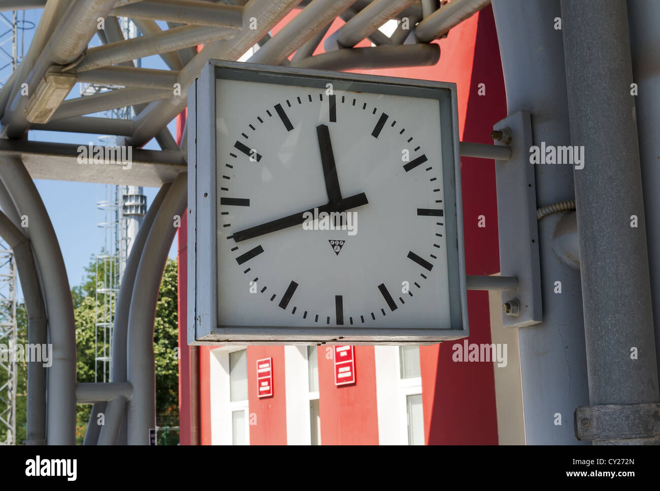 Railway station clock on a platform closeup Stock Photo, Royalty Free