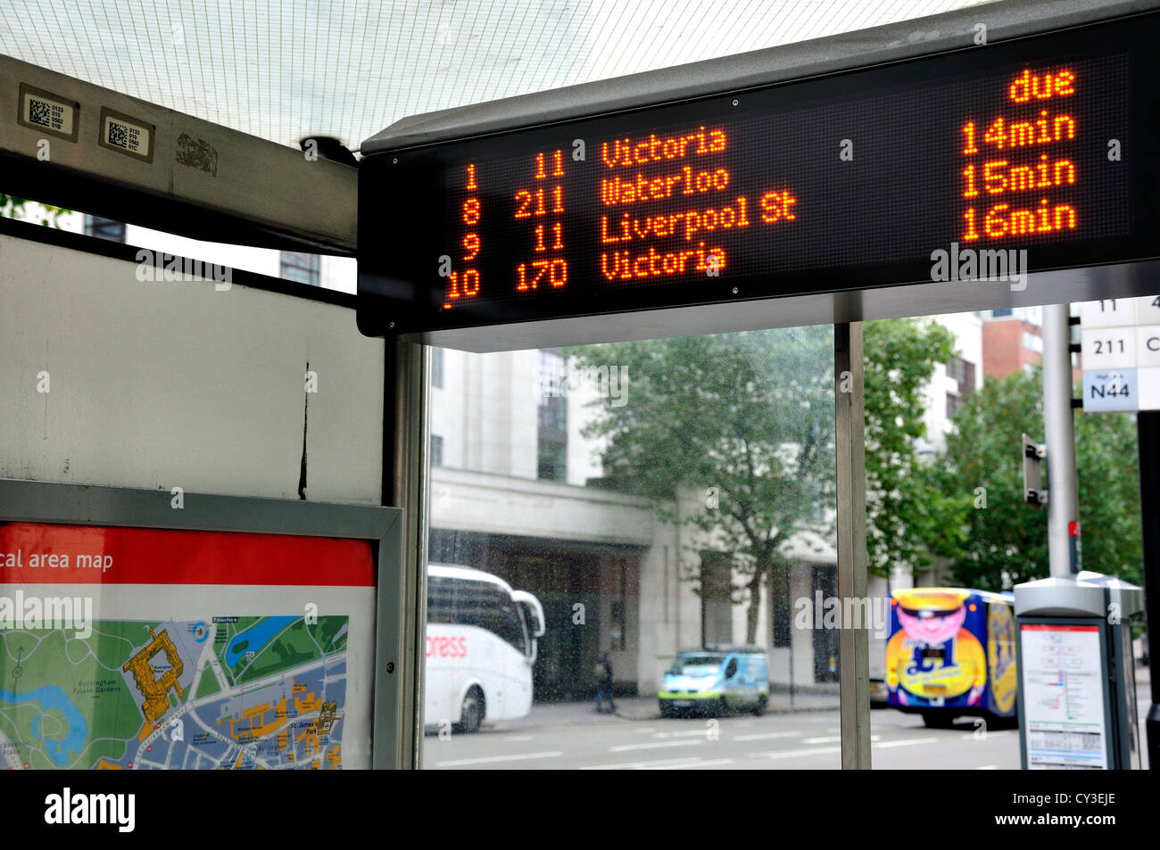 London, England, UK. Bus stop with times of buses due Stock Photo, Royalty Free Image ...