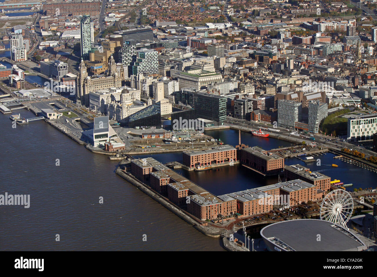 aerial view of Liverpool waterfront and Albert Dock Stock Photo