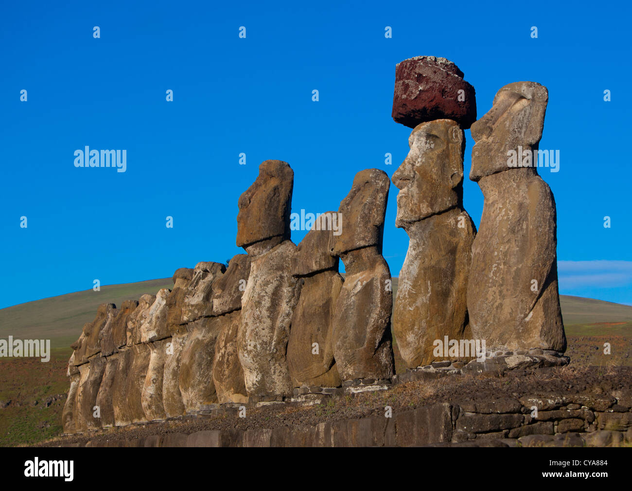 Monolithic Moai Statues At Ahu Tongariki, Easter Island, Chile Stock