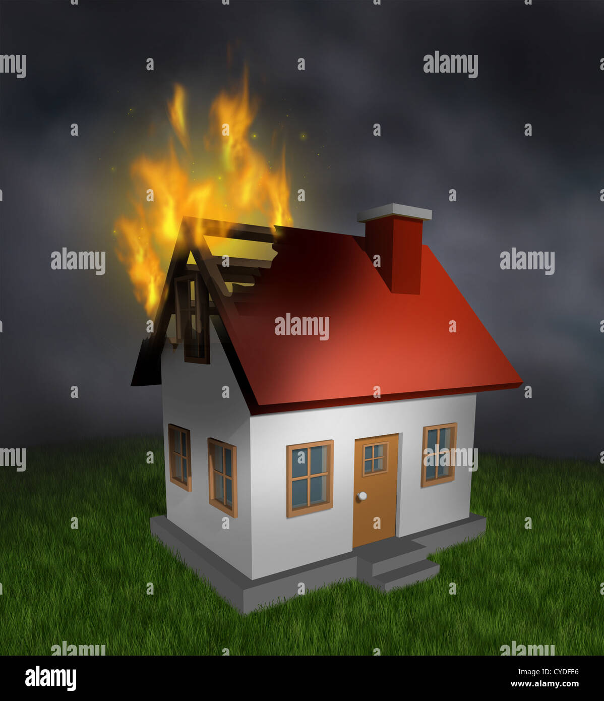 House fire and burning home insurance symbol with a burnt damaged Stock