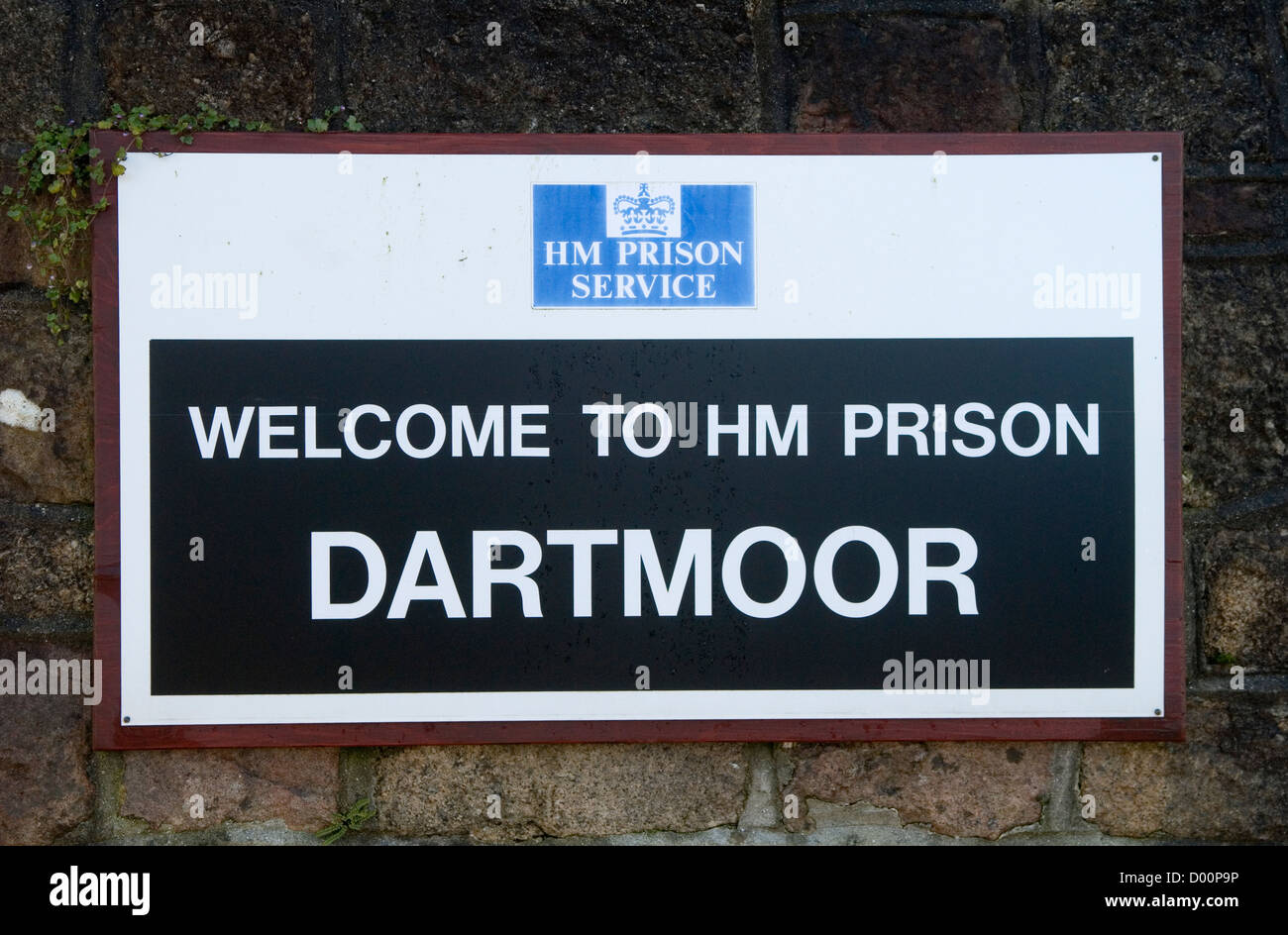 to HM Prison Dartmoor sign on wall of prison.Dartmoor Prison