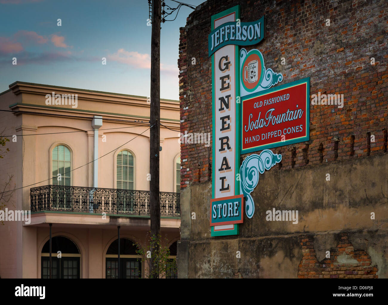 Signs on buildings at Jefferson General Store in Jefferson, Texas Stock