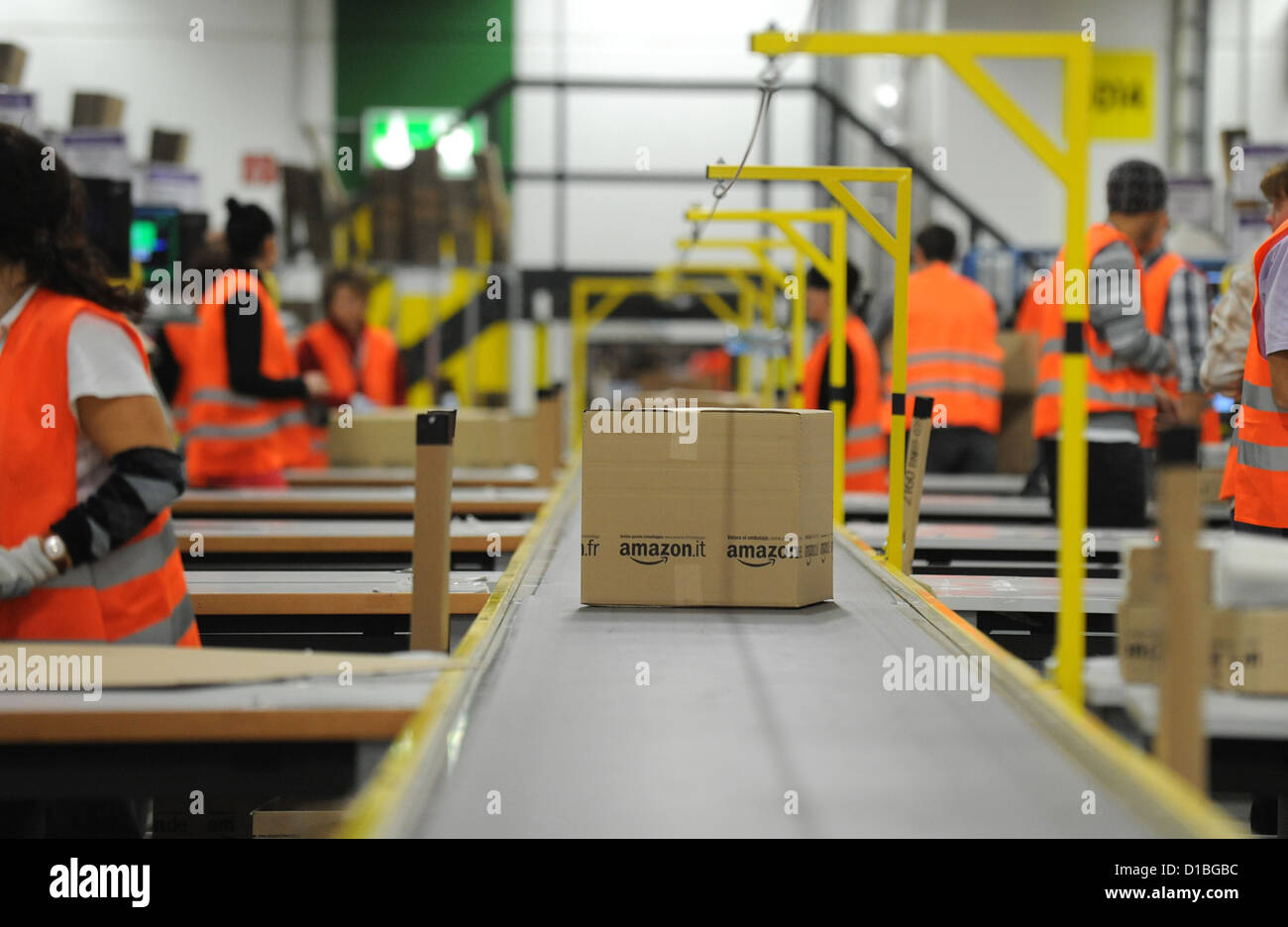 People work in the shipping department in the Amazon Logistics Center