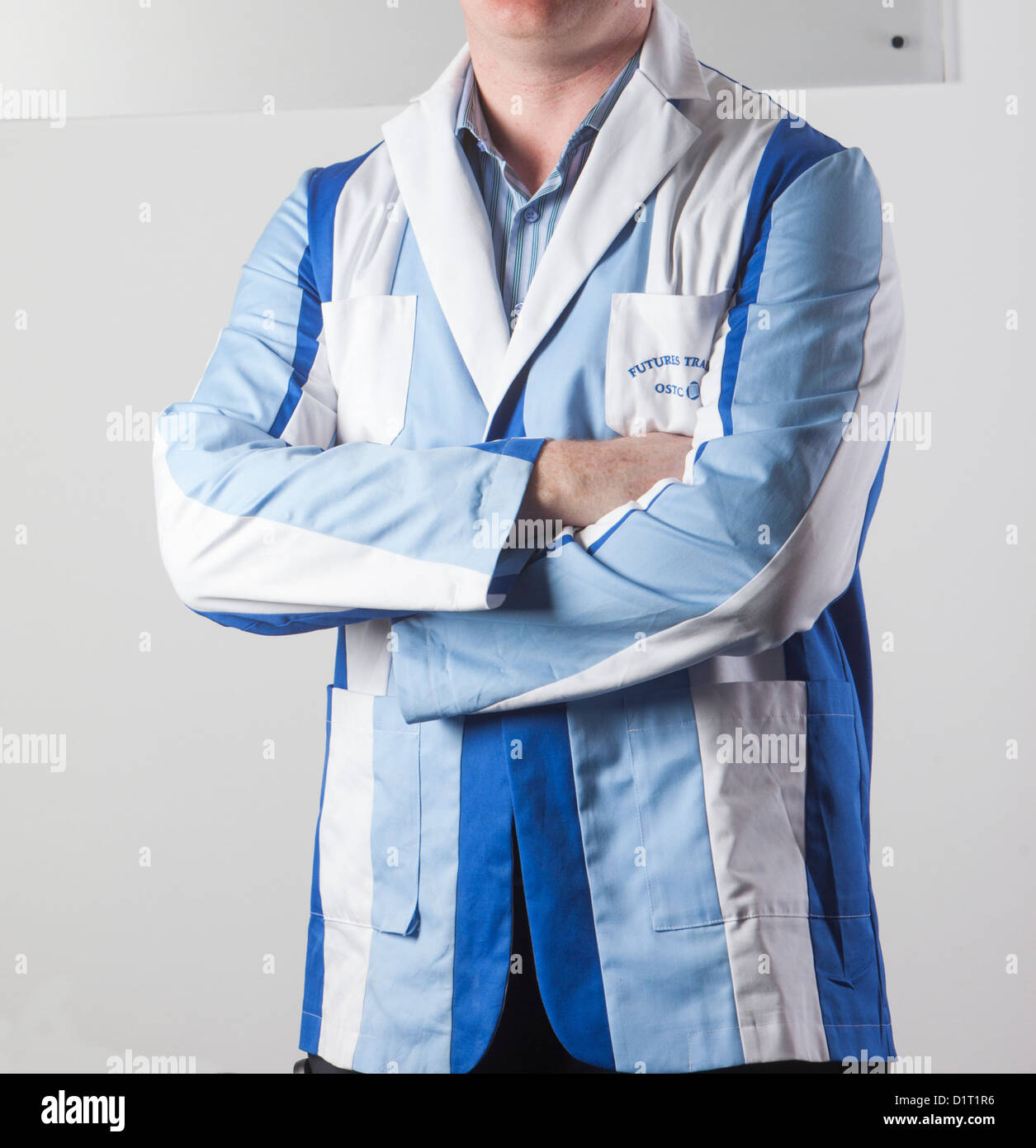 A London Stock exchange trader wearing a trading jacket Stock Photo