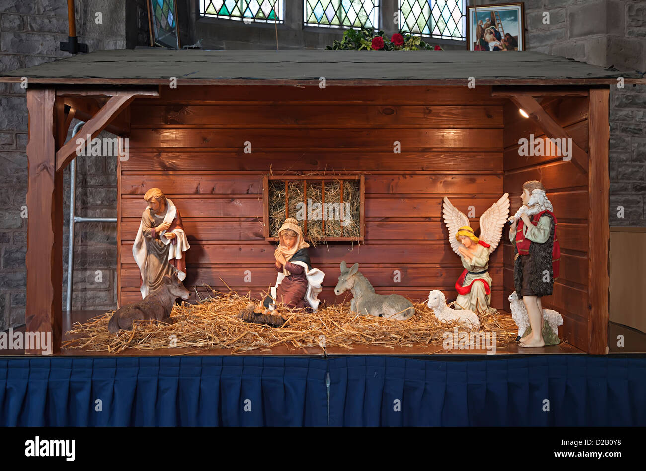 Nativity scene in church at Christmas, Wales, UK Stock Photo, Royalty