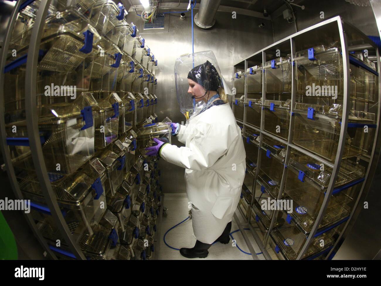 A virologist stands between rows of cages for laboratory animals in