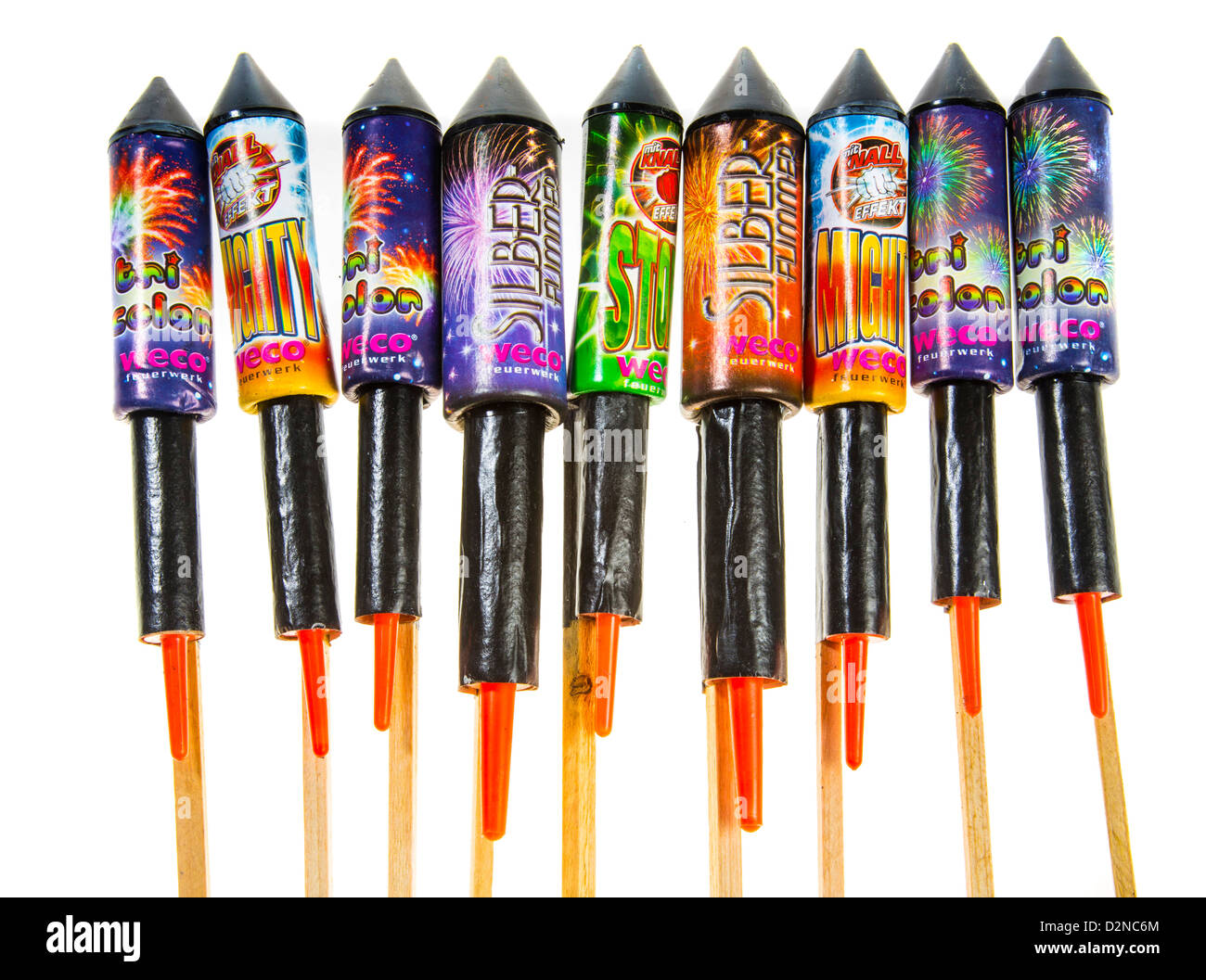 Different types of firework rockets, missiles Stock Photo, Royalty Free