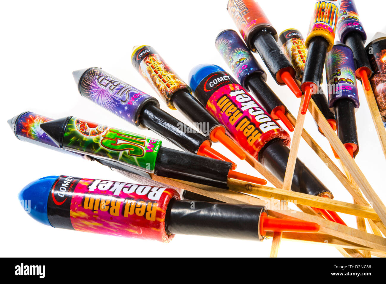 Different types of firework rockets, missiles Stock Photo, Royalty Free