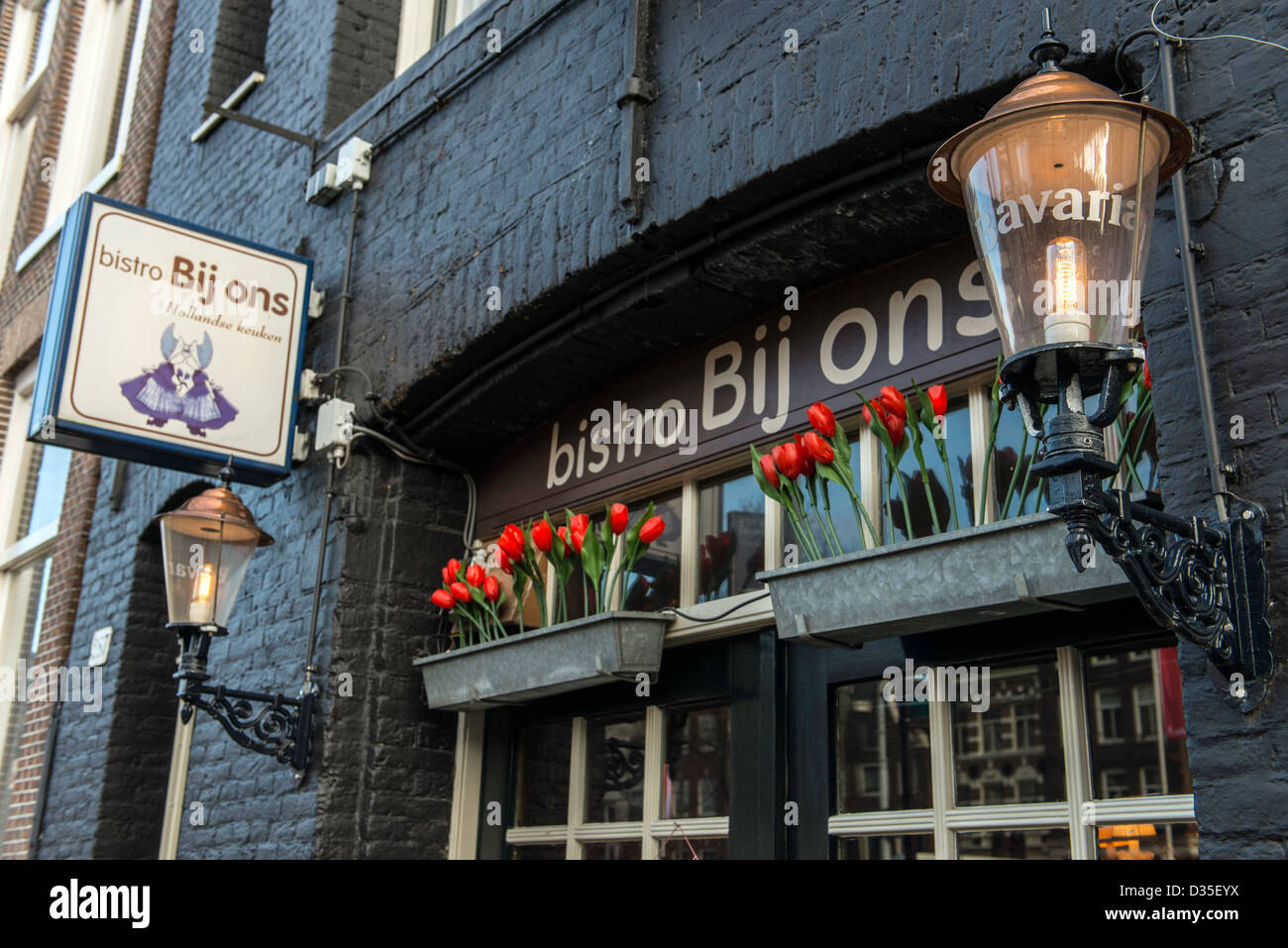 Bistro Bij Ons and tulips Amsterdam Netherlands Stock Photo, Royalty