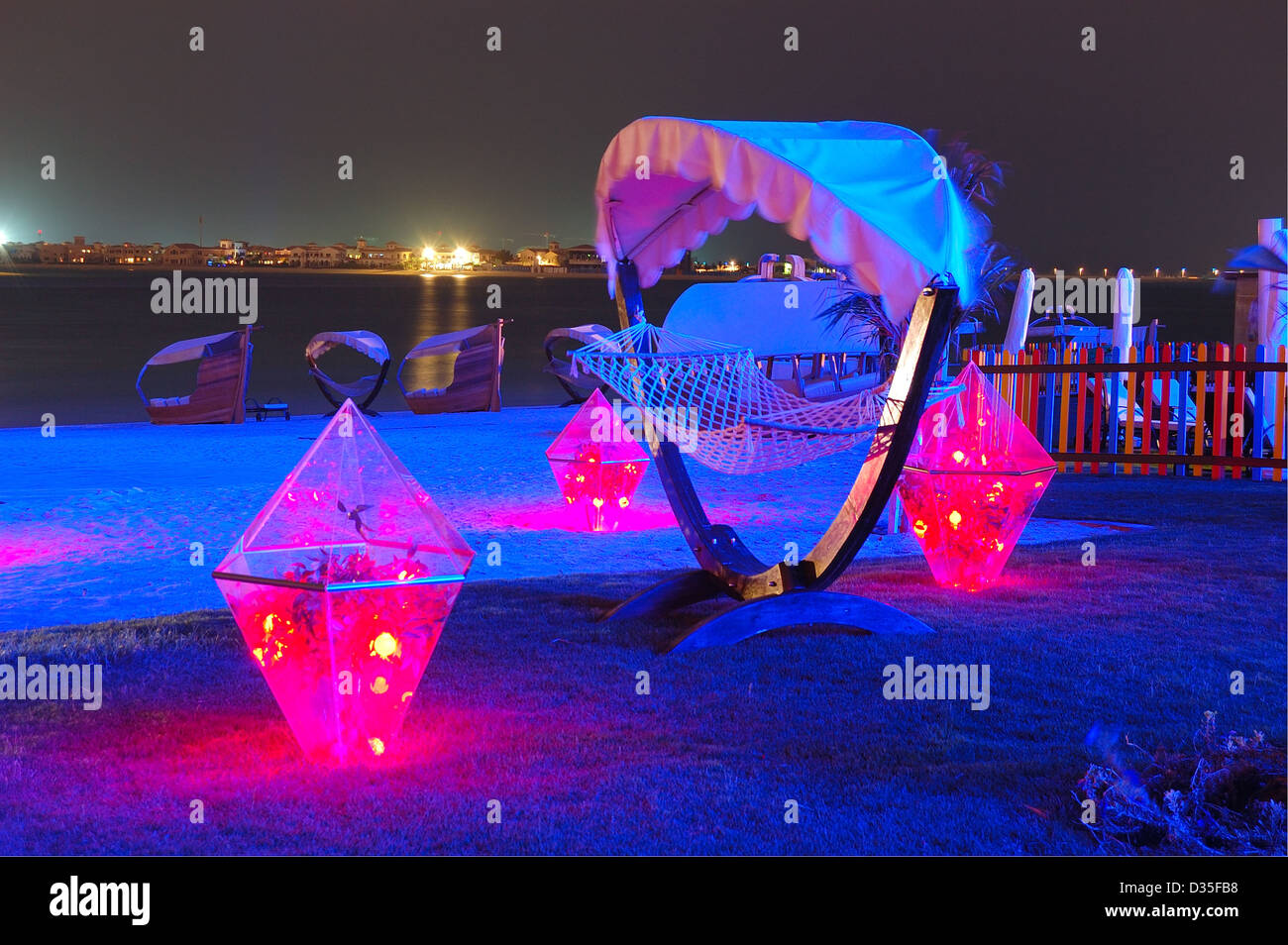 beach decoration at the luxury hotel and night illumination on beach decoration at the luxury hotel and night illumination on