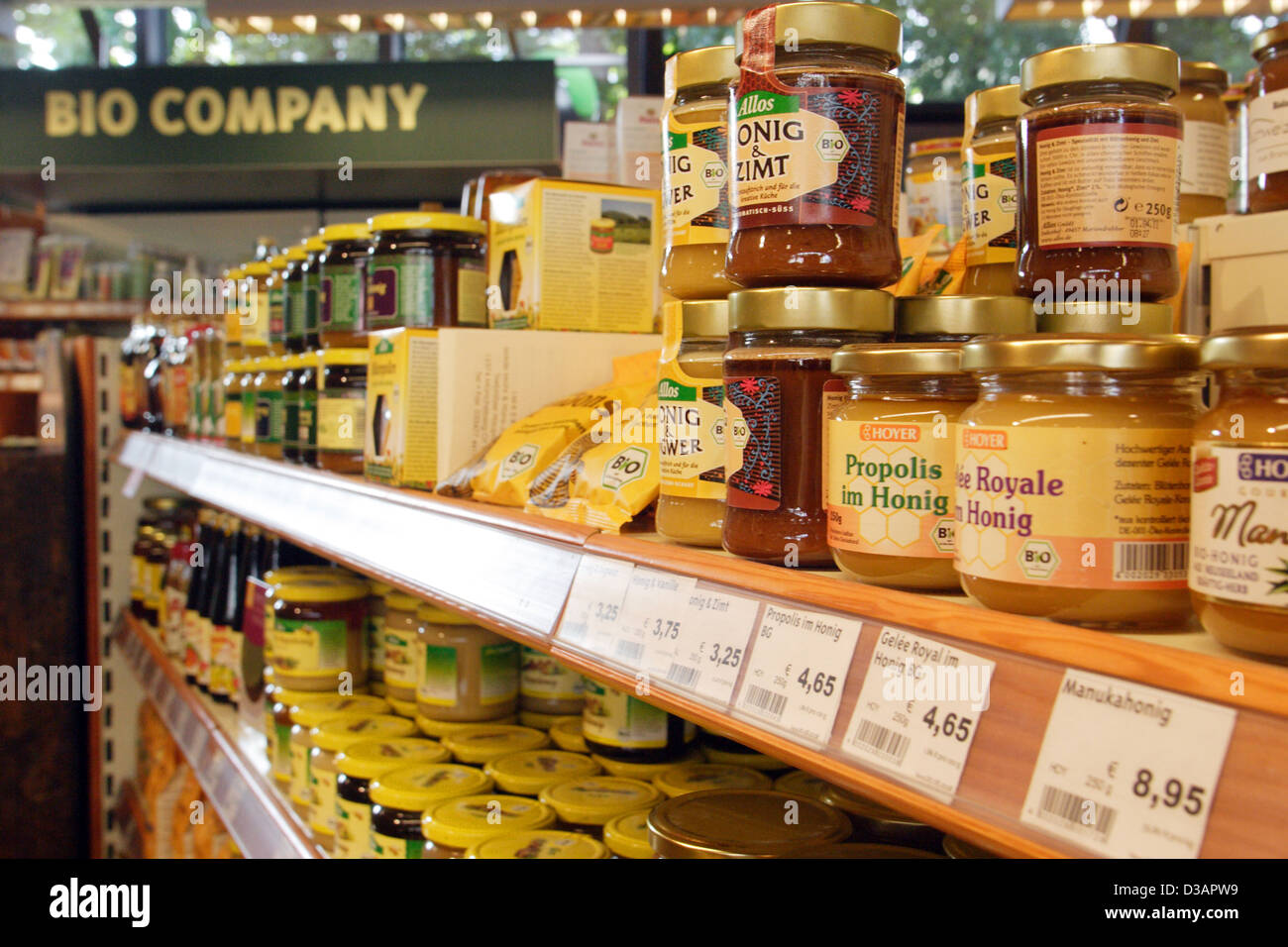 Berlin, Germany, honey products in a shelf of Bio Company Stock Photo
