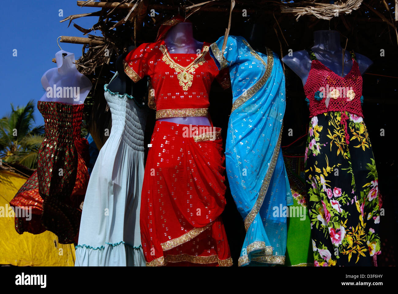 Goa Flea Market in Anjuna Beach.Colorful Women Dresses for Sales Goa
