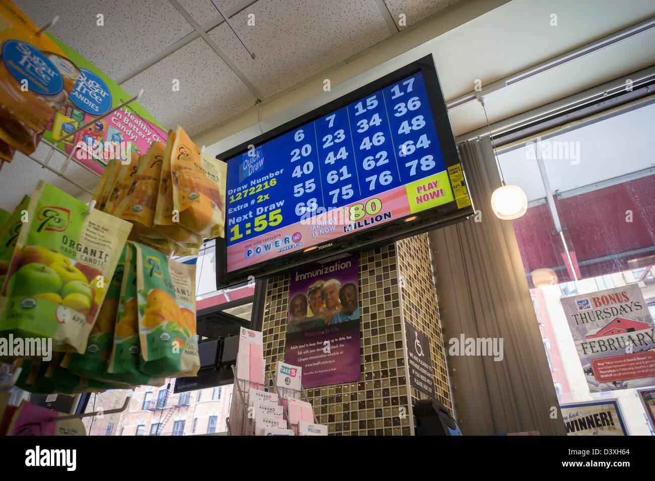 The New York State Lottery Quick Draw screen is seen in a newsstand