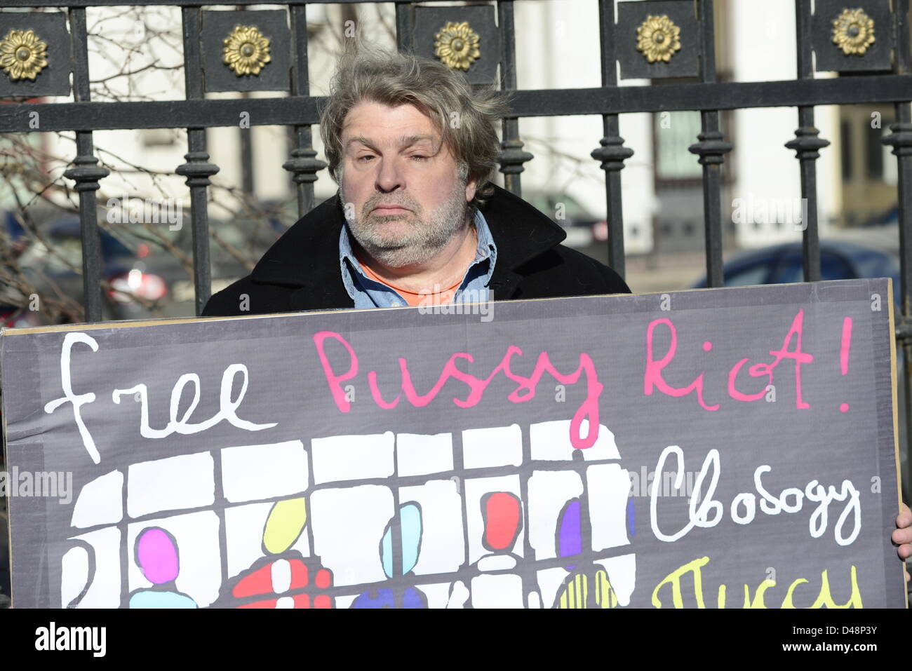 Russian Activist Holds Placard Reads Free Pussy Riot Written Both In