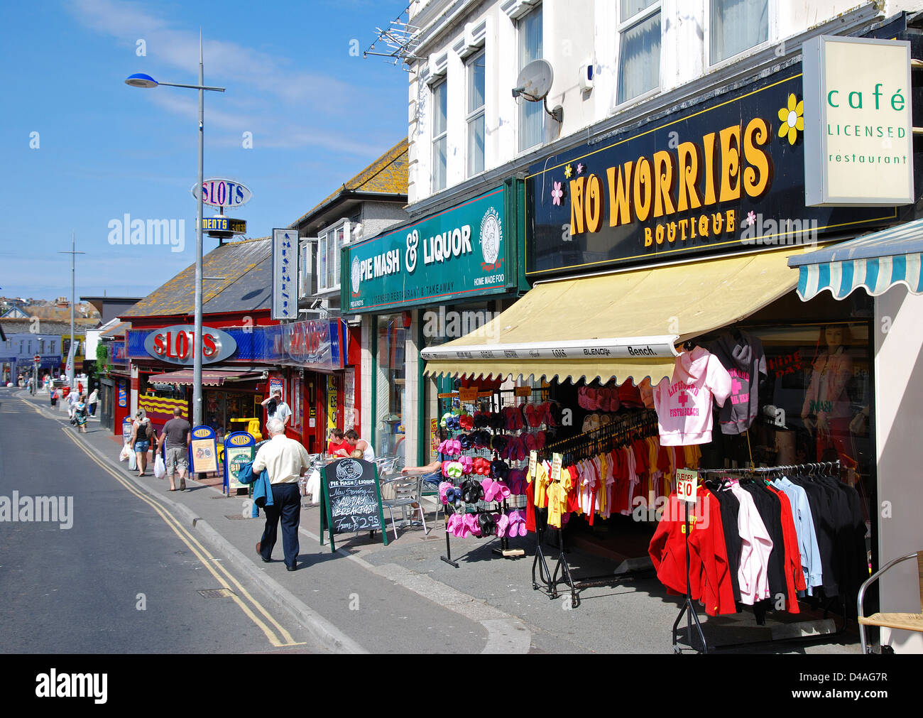 gift shops in the main street at newquay, cornwall, uk Stock Photo