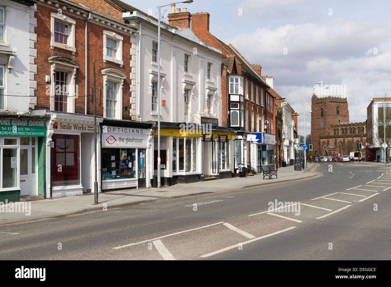 Shops along the high street in Newport Shropshire Stock Photo, Royalty