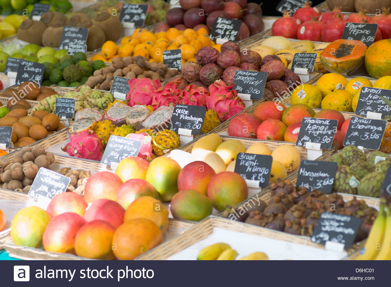 fruit display exotic market stall shop munich stock photo, royalty
