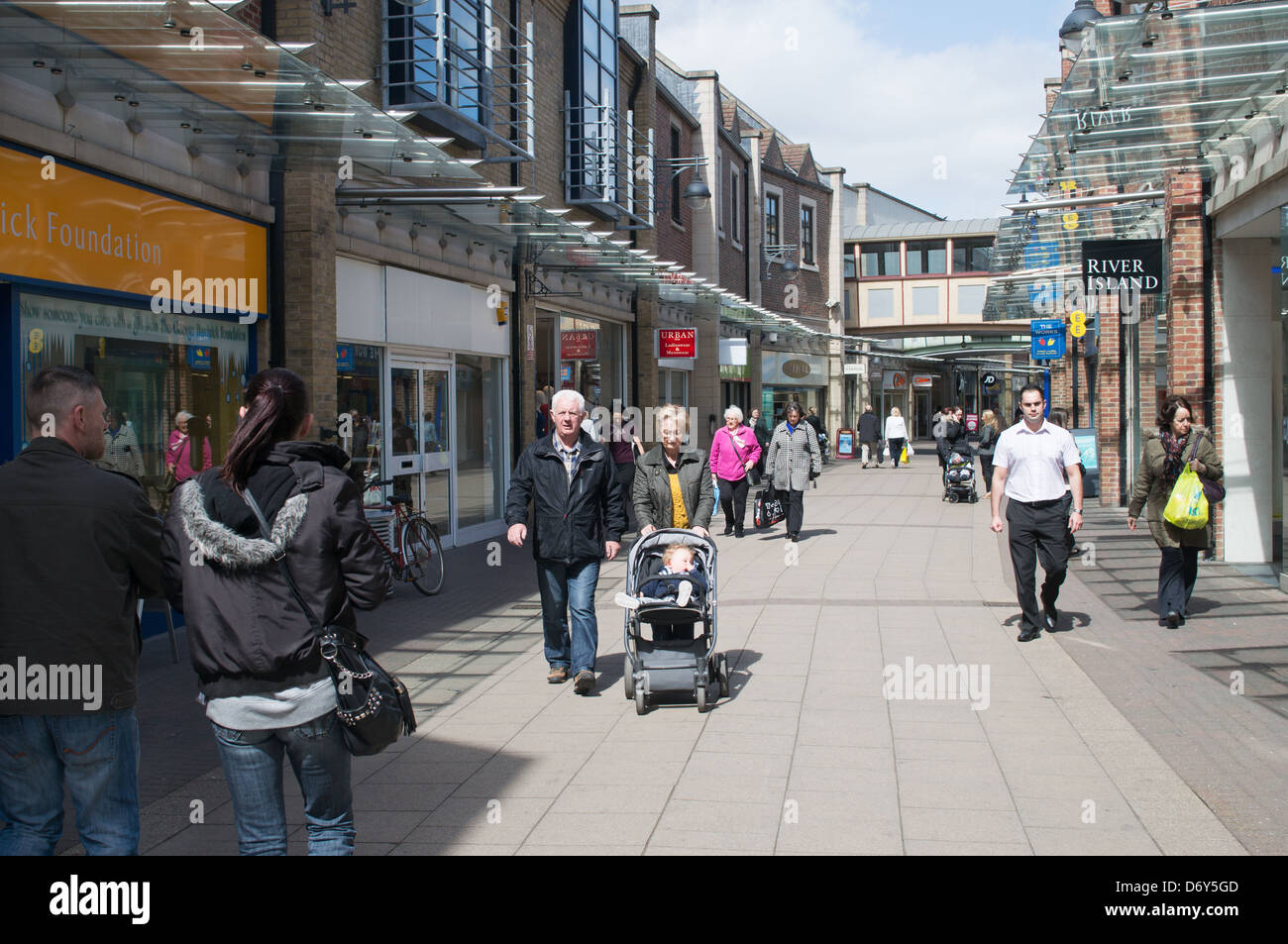 Shoppers walking through StocktononTees town center north east Stock
